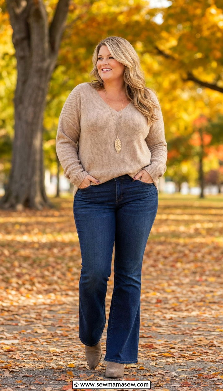 Soft Knit Sweater and Bootcut Jeans for Apple Shape - 25 Cute outfits for apple shape