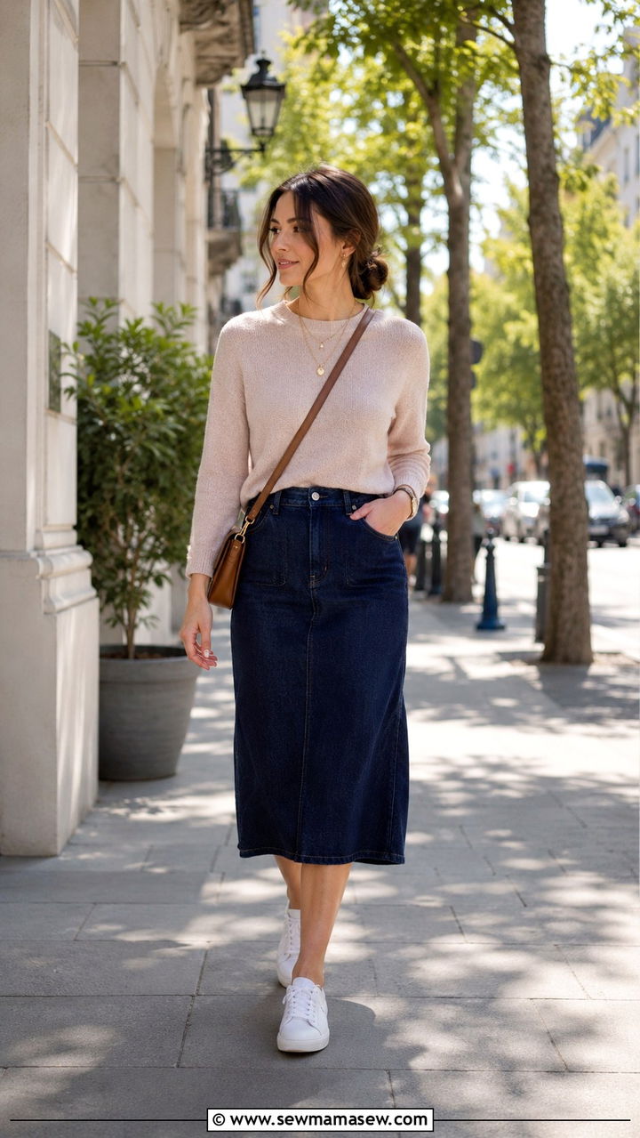 Soft Knit Sweater and Denim Midi Skirt - 30 Modest outfit ideas clean girl