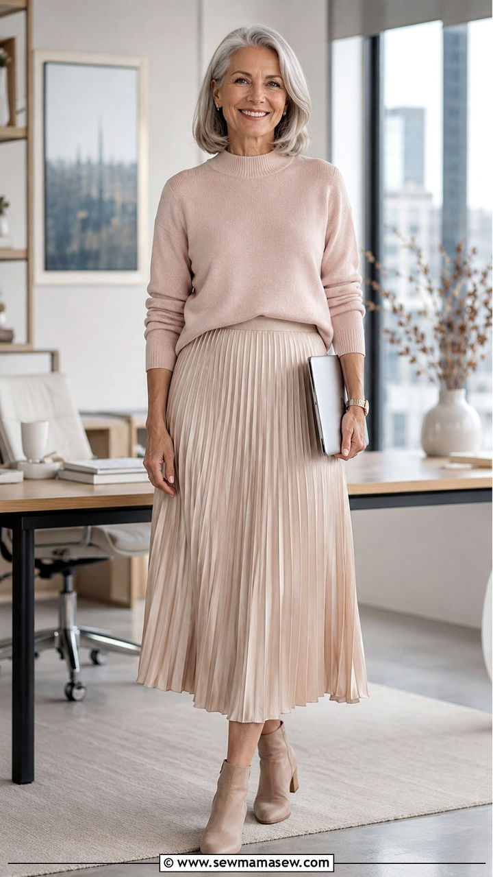 Soft Knit Sweater with Pleated Midi Skirt - 25 Work outfits for women over 60