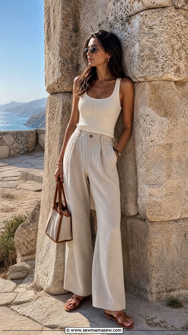 Soft Knit Tank and Wide Leg Linen Trousers - 35 Greece summer outfit ideas