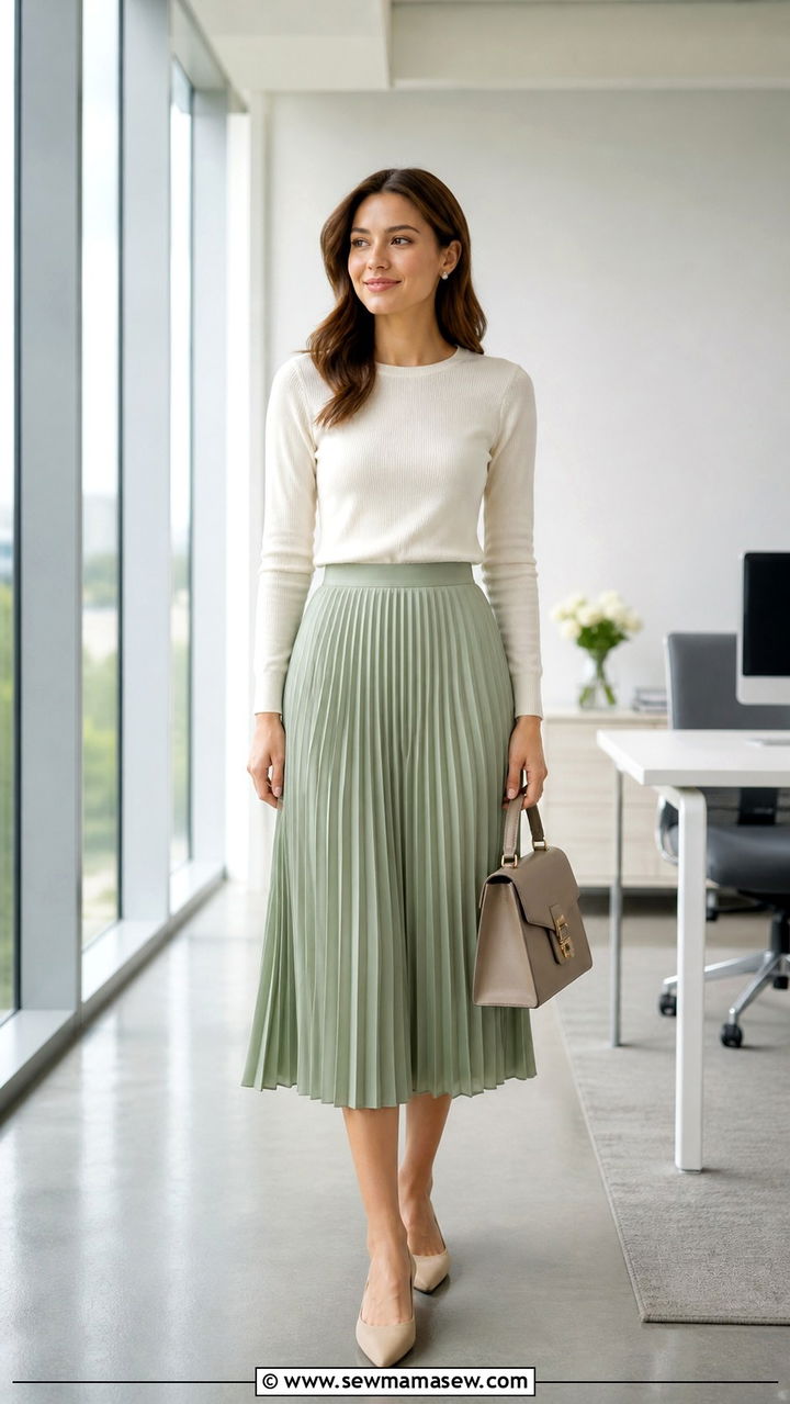 Soft Knit Top with Pleated Midi Skirt Outfit - 40 Spring office outfits
