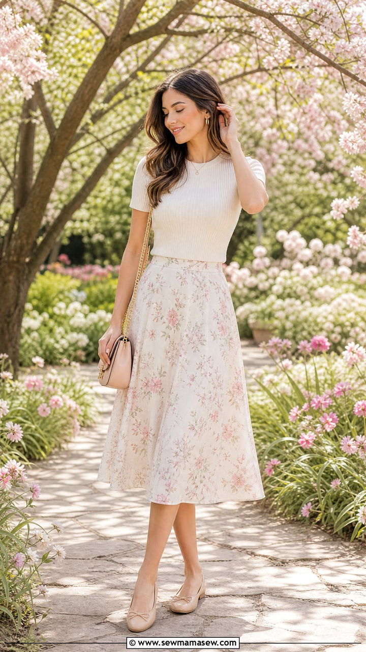 Soft Knit Top with a Floral Midi Skirt Picnic Look - 40 Spring picnic outfits
