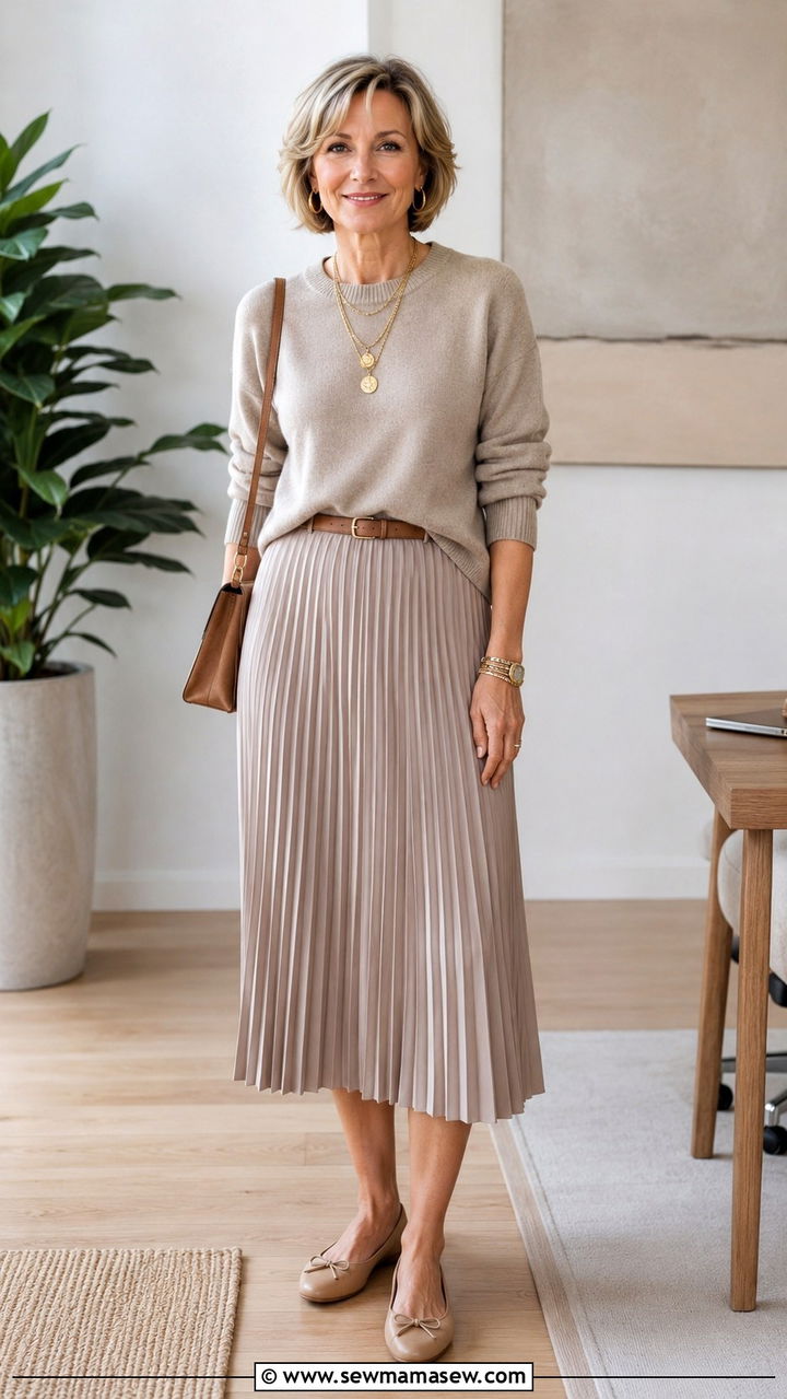 Soft Knit Top with a Pleated Midi Skirt - 30 Boho outfit ideas for women over 50
