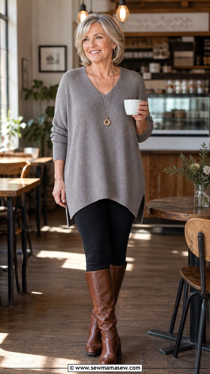 Soft Knit Tunic Over Ponte Leggings With Tall Boots - 20 Apple shape outfits for women over 60