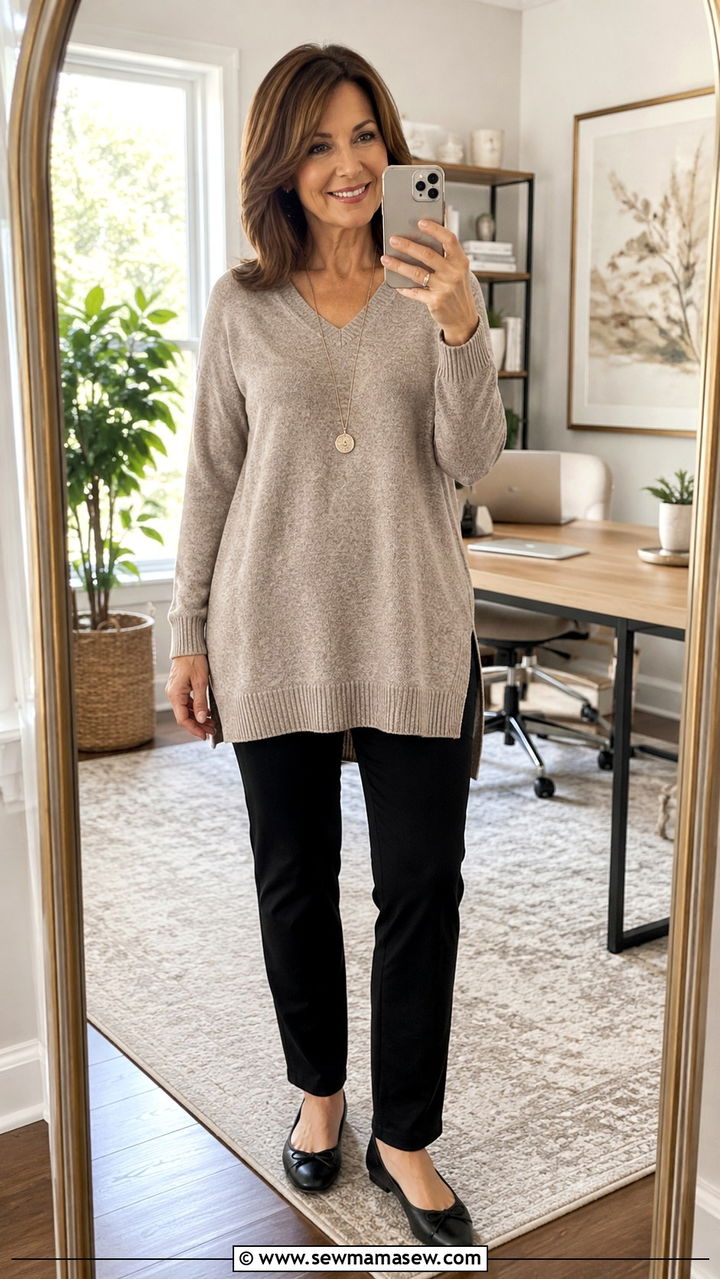 Soft Knit Tunic Over Ponte Pants And Ballet Flats - 30 outfit ideas for apple shaped body