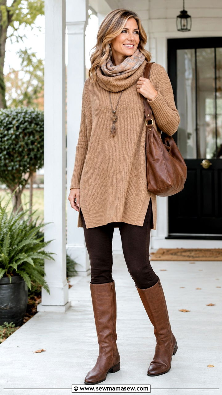 Soft Knit Tunic with Leggings and Flat Boots Outfit - 30 Boho outfit ideas for women over 40