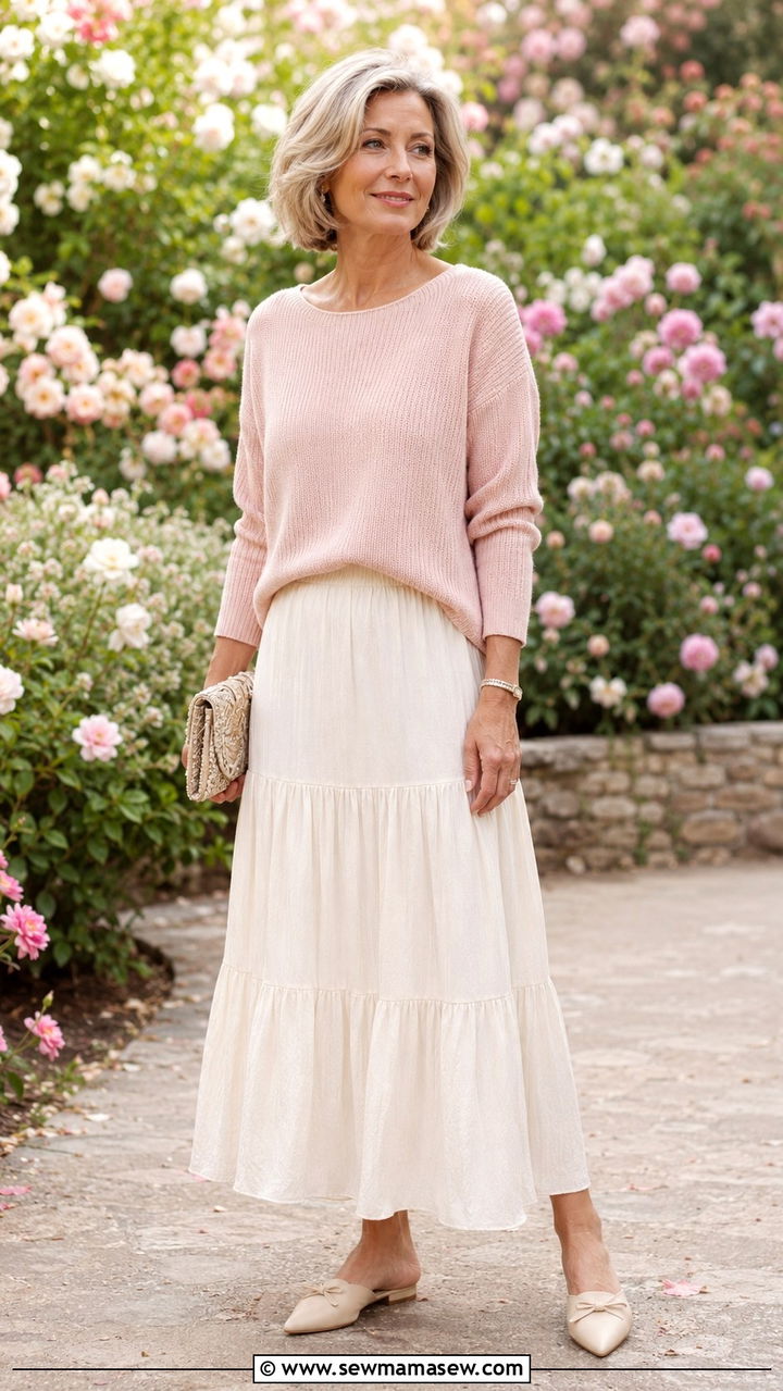 Soft Knit with Tiered Maxi Skirt - 30 Modest outfit ideas for women over 50