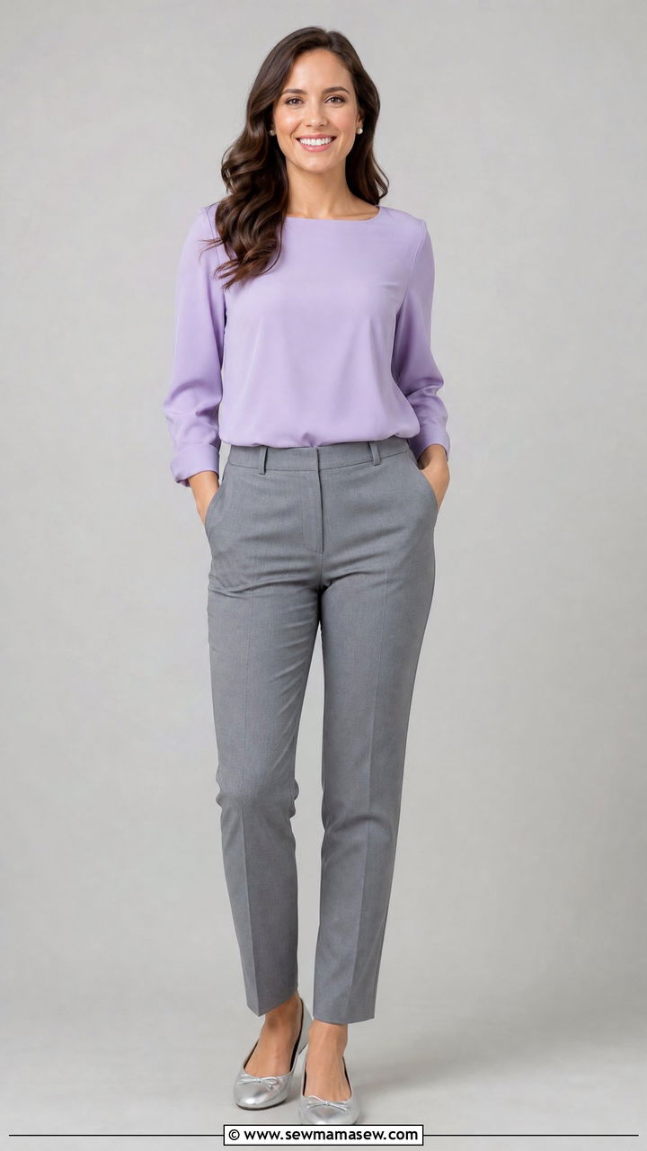 Soft Lavender Blouse and Neutral Trousers - 30 Professional headshot outfit ideas for women