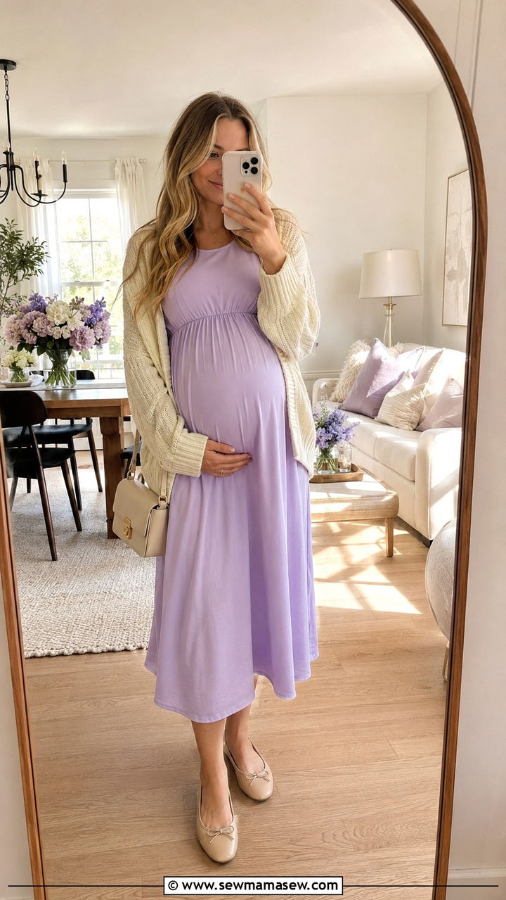 Soft Lavender Maternity Dress With Cardigan - 20 Maternity outfit ideas spring 2026