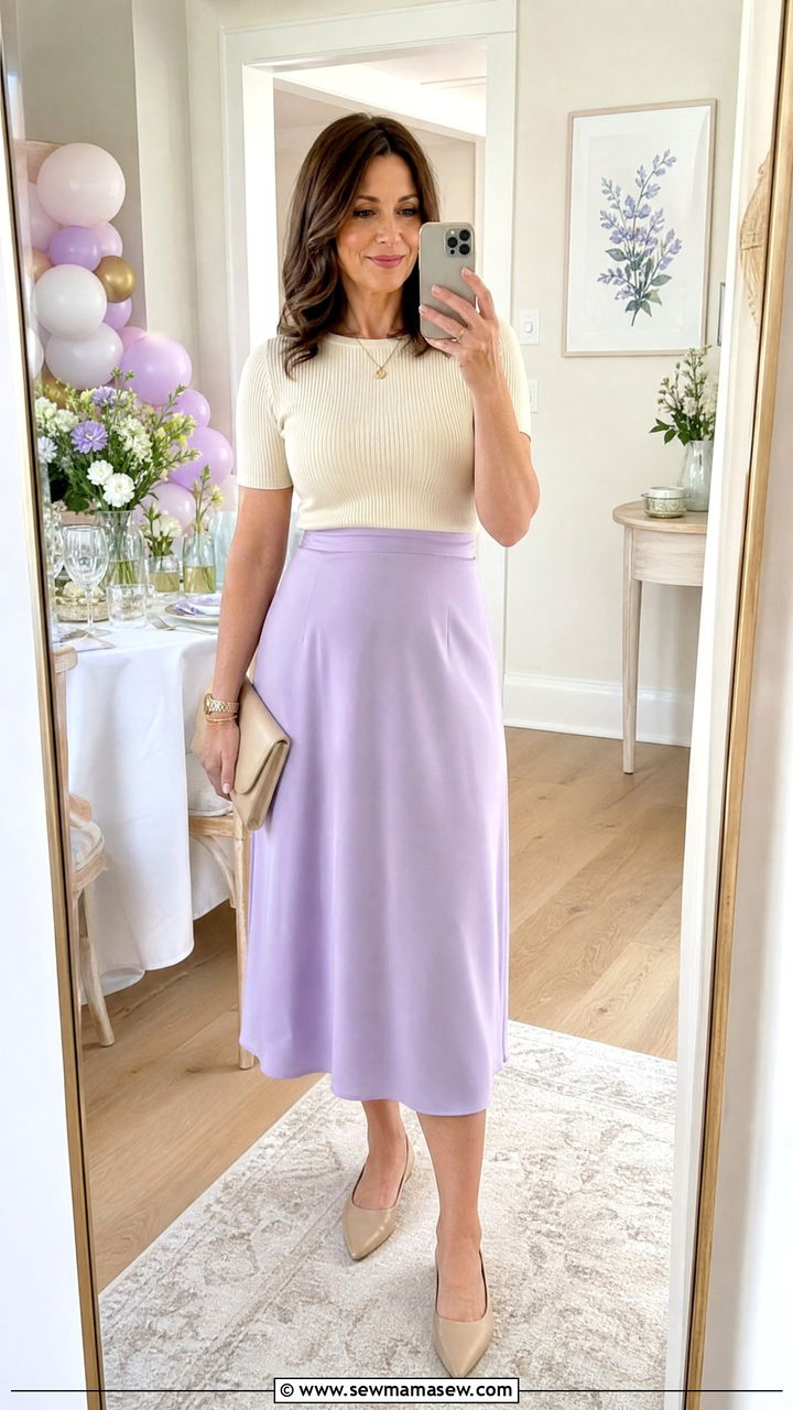 Soft Lavender Midi Skirt And Fitted Knit Top - 25 baby shower outfits for women over 40