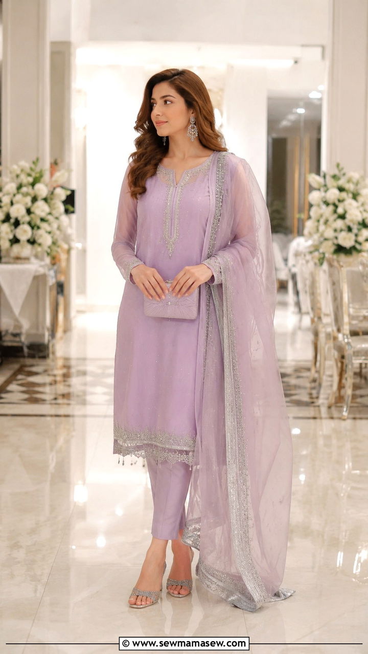Soft Lavender Straight Suit With Organza Dupatta - 25 Modest outfit ideas for Walima