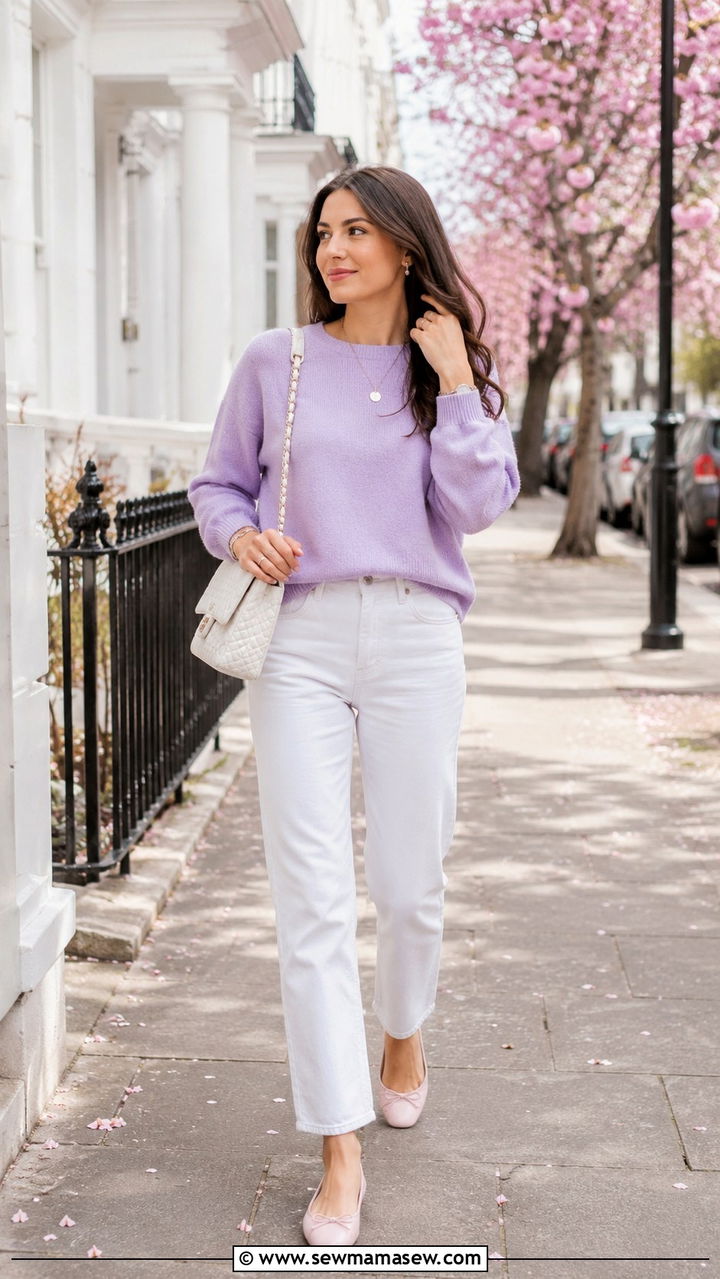 Soft Lavender Sweater With White Straight Leg Jeans And Ballet Flats - 30 casual clean girl outfits