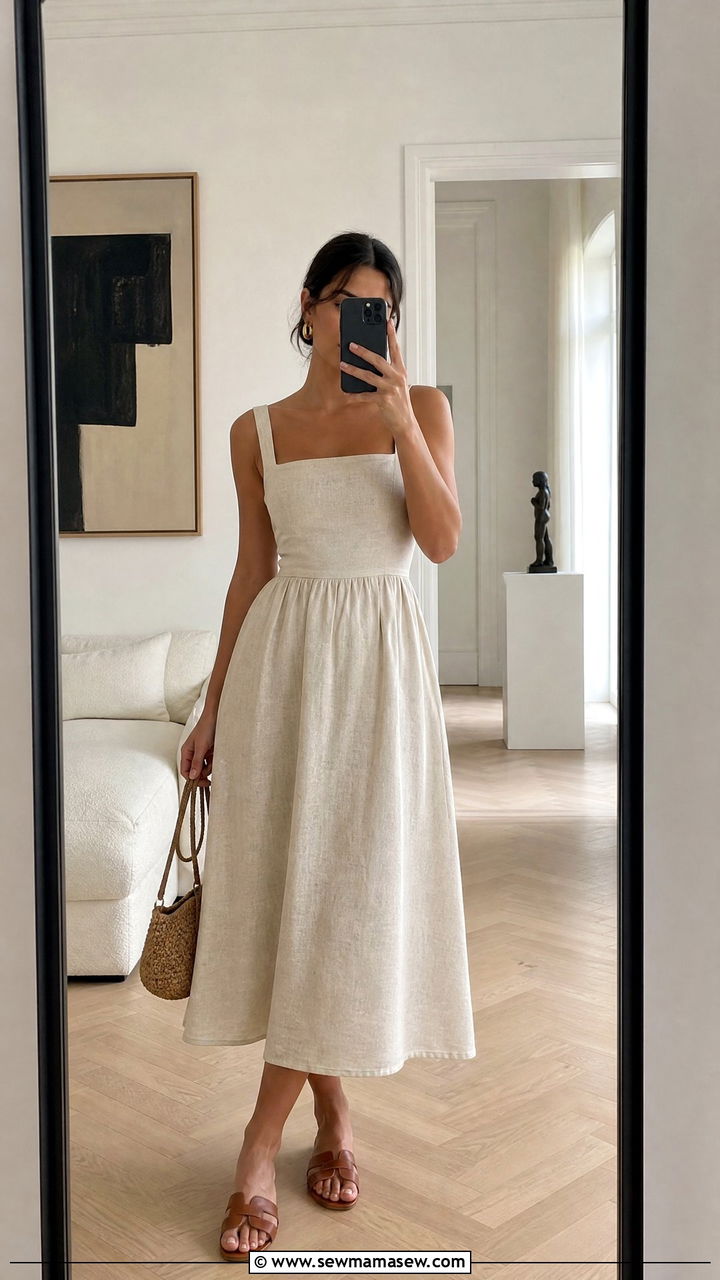 Soft Linen Midi Dress With Square Neckline - 30 European summer outfits ideas