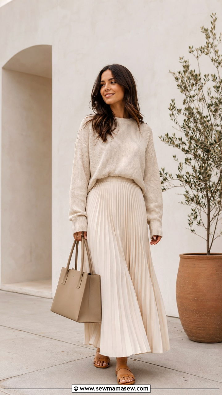 Soft Neutral Knit with Pleated Maxi Skirt - 30 Modest spring outfits