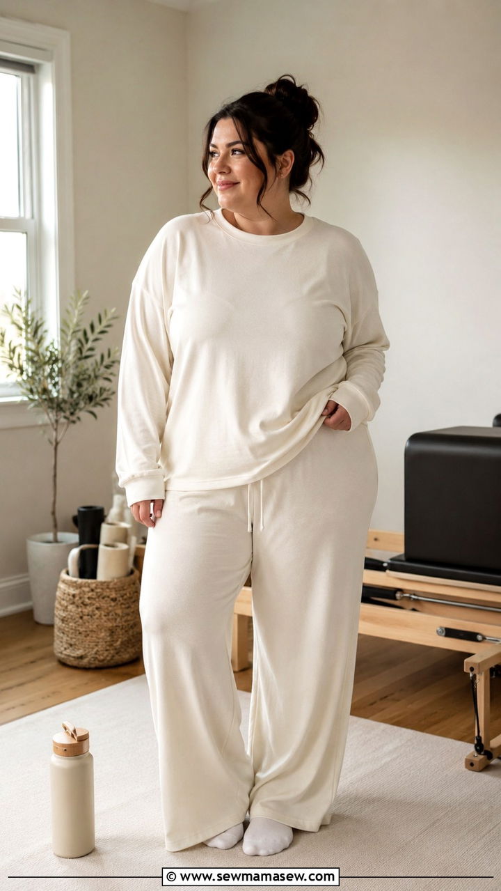 Soft Neutral Lounge Set For Home Pilates - 30 Plus size pilates outfit ideas