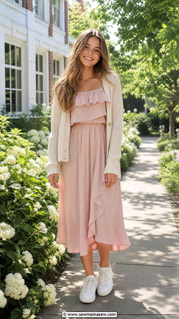 Soft Neutral Ruffle Dress for Summer School - 30 Summer outfits for school