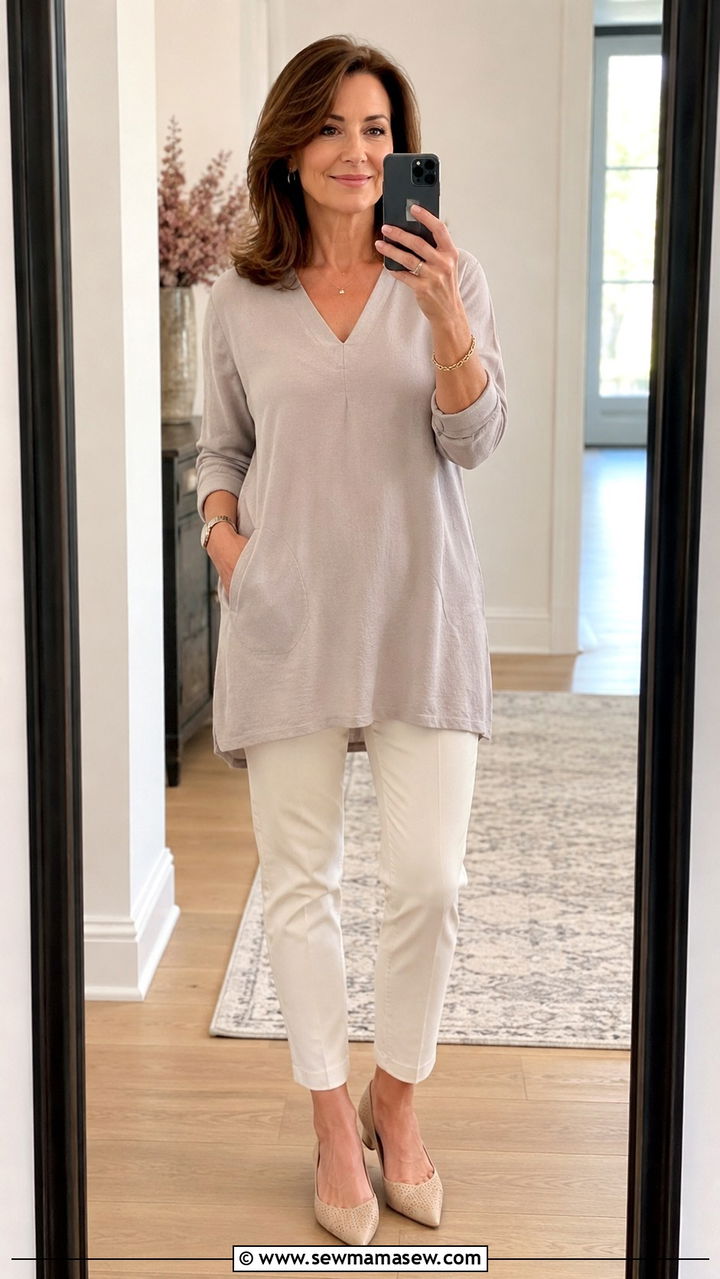 Soft Neutral Tunic with Slim Ankle Pants - 30 Modest outfit ideas for women over 40