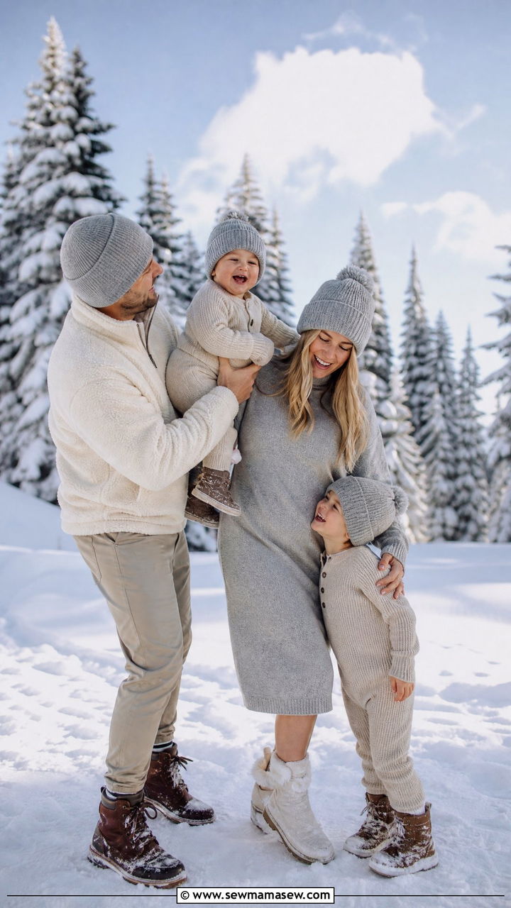 Soft Neutrals With Knit Beanies For Snowy Family Photos - 30 family photo outfits ideas