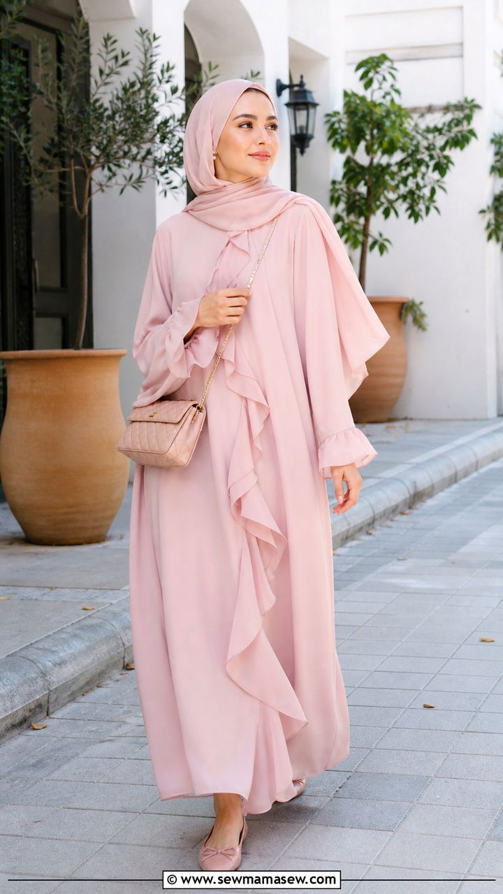 Soft Pastel Abaya Ramadan With Ruffles - 40 Ramadan outfit ideas
