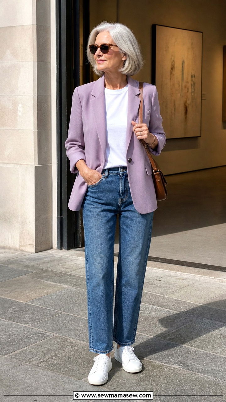 Soft Pastel Blazer with Straight Leg Jeans - 40 Spring outfit ideas for women over 60 2026