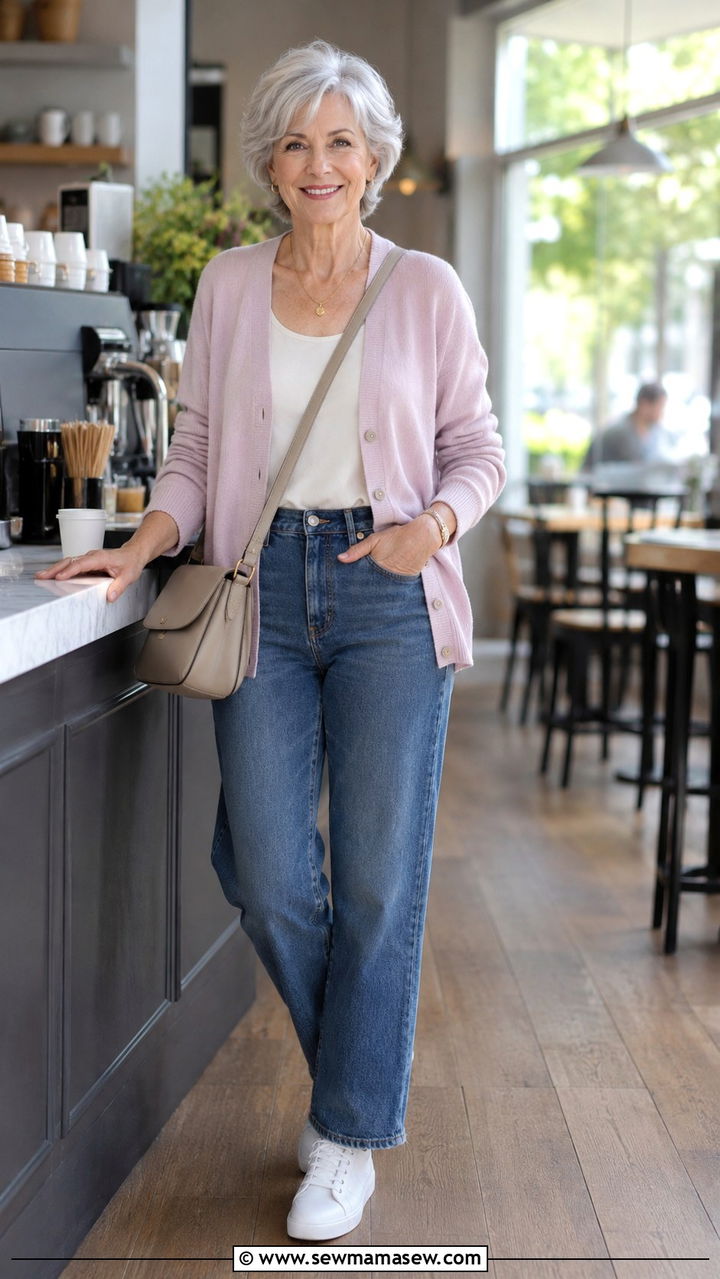 Soft Pastel Cardigan with High Waisted Jeans - 25 Modest outfit ideas for women over 60