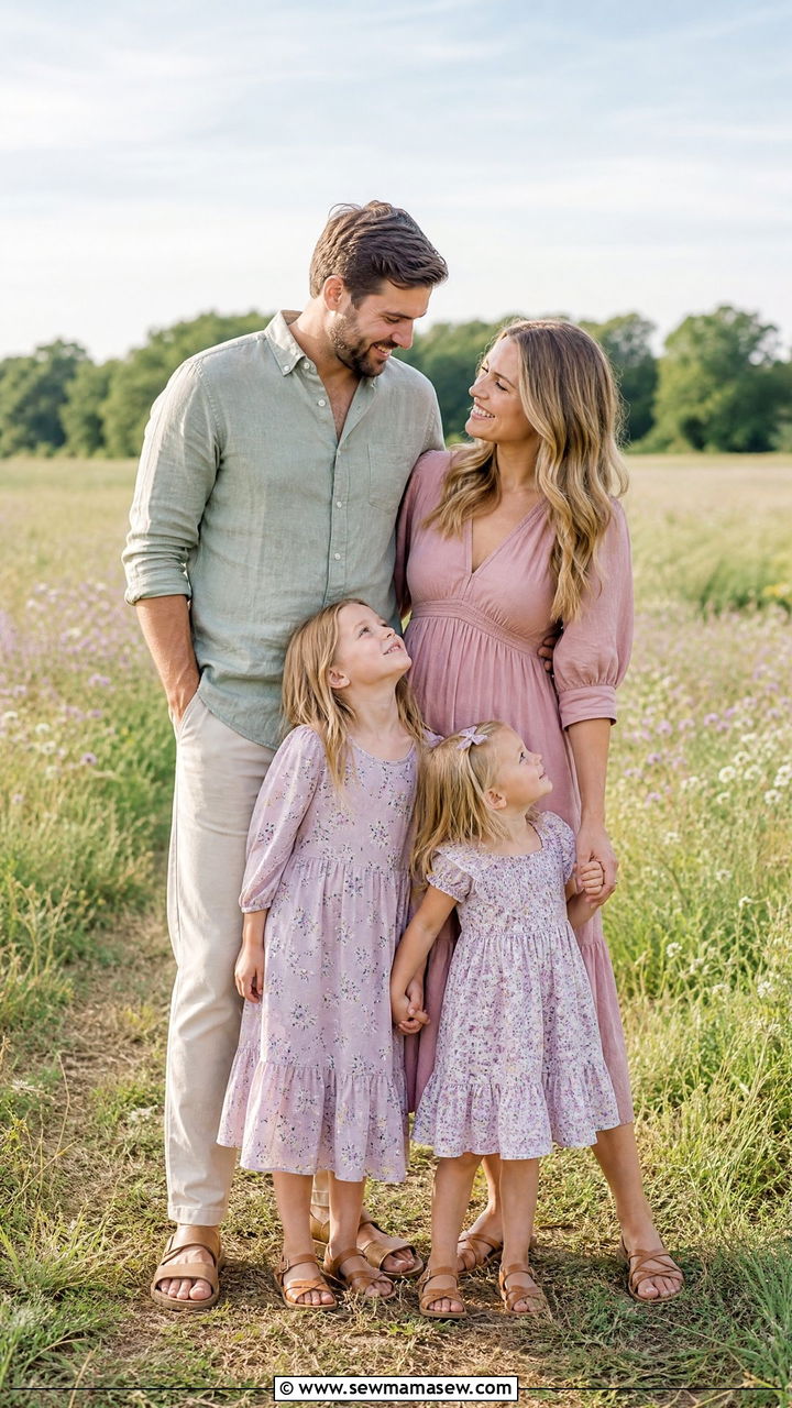 Soft Pastel Dresses and Linen Shirts for Spring Meadow Portraits - 30 Family photoshoot outfit ideas