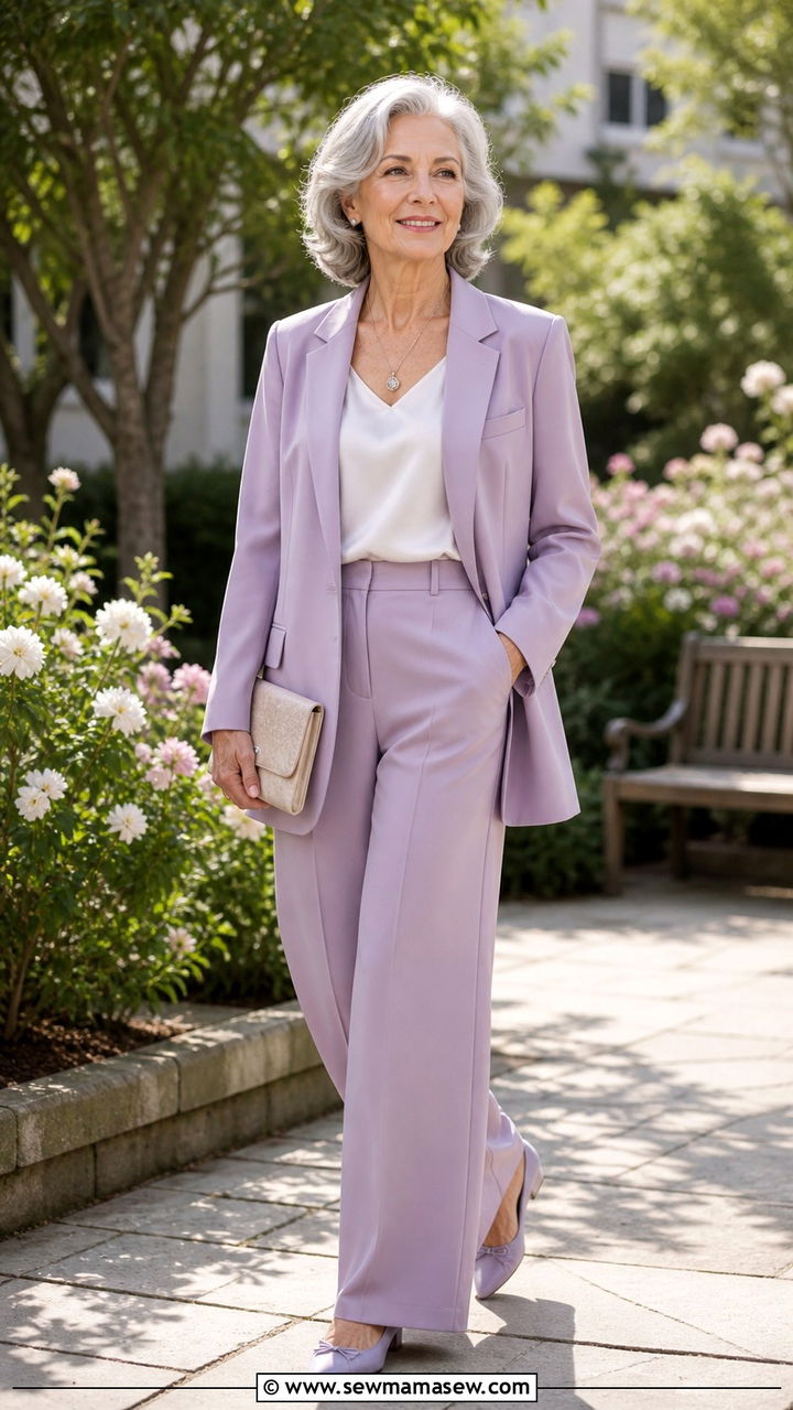 Soft Pastel Suit with Minimal Jewelry - 20 70 year old woman outfit ideas