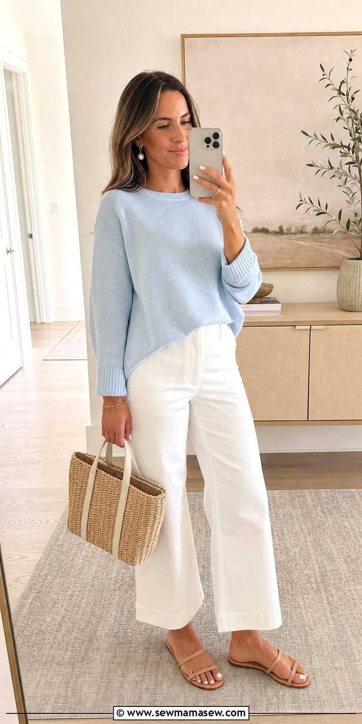 Soft Pastel Sweater With White Cropped Wide Leg Pants - 25 spring coastal grandmother outfit ideas