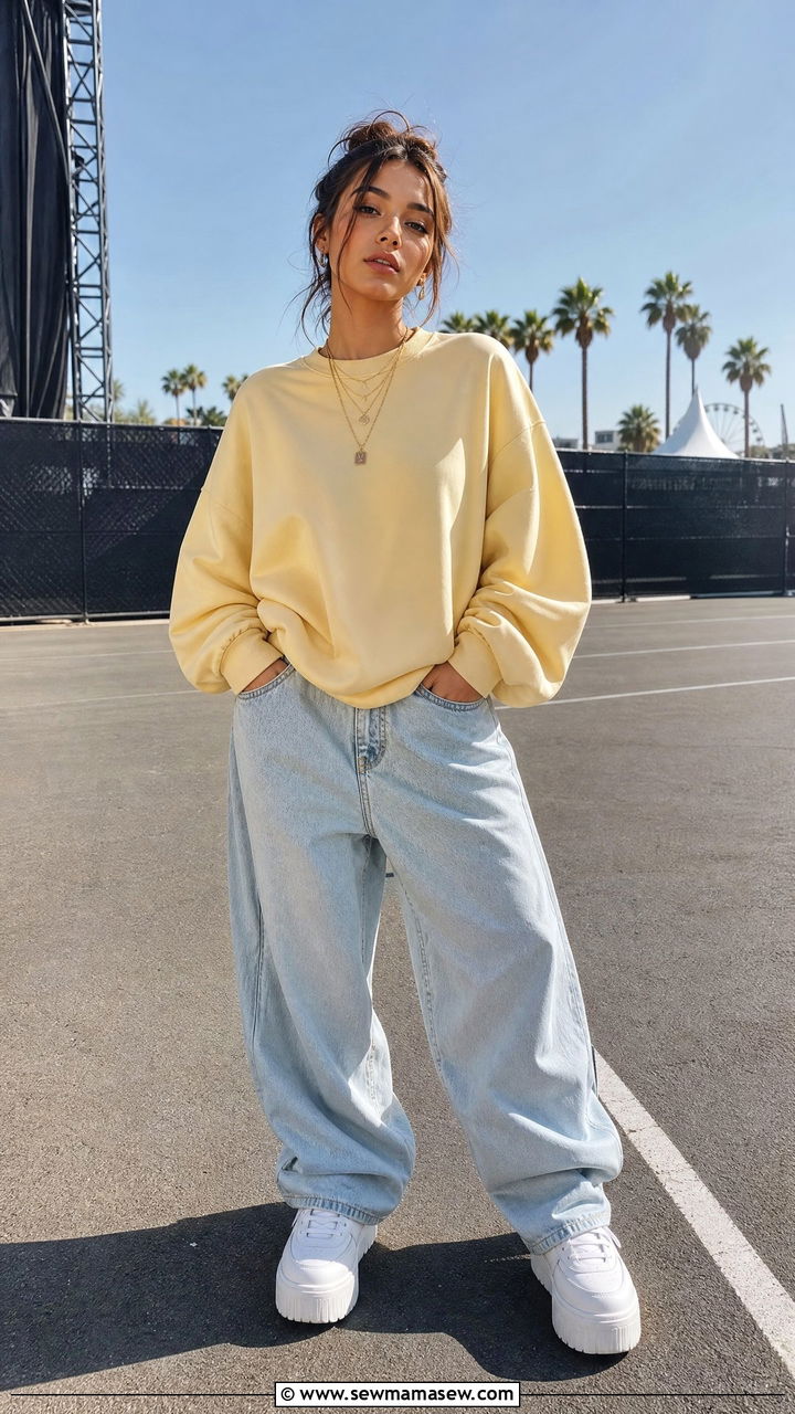 Soft Pastel Sweatshirt With Baggy Jeans And Gold Jewelry - 35 Billie Eilish concert outfit ideas