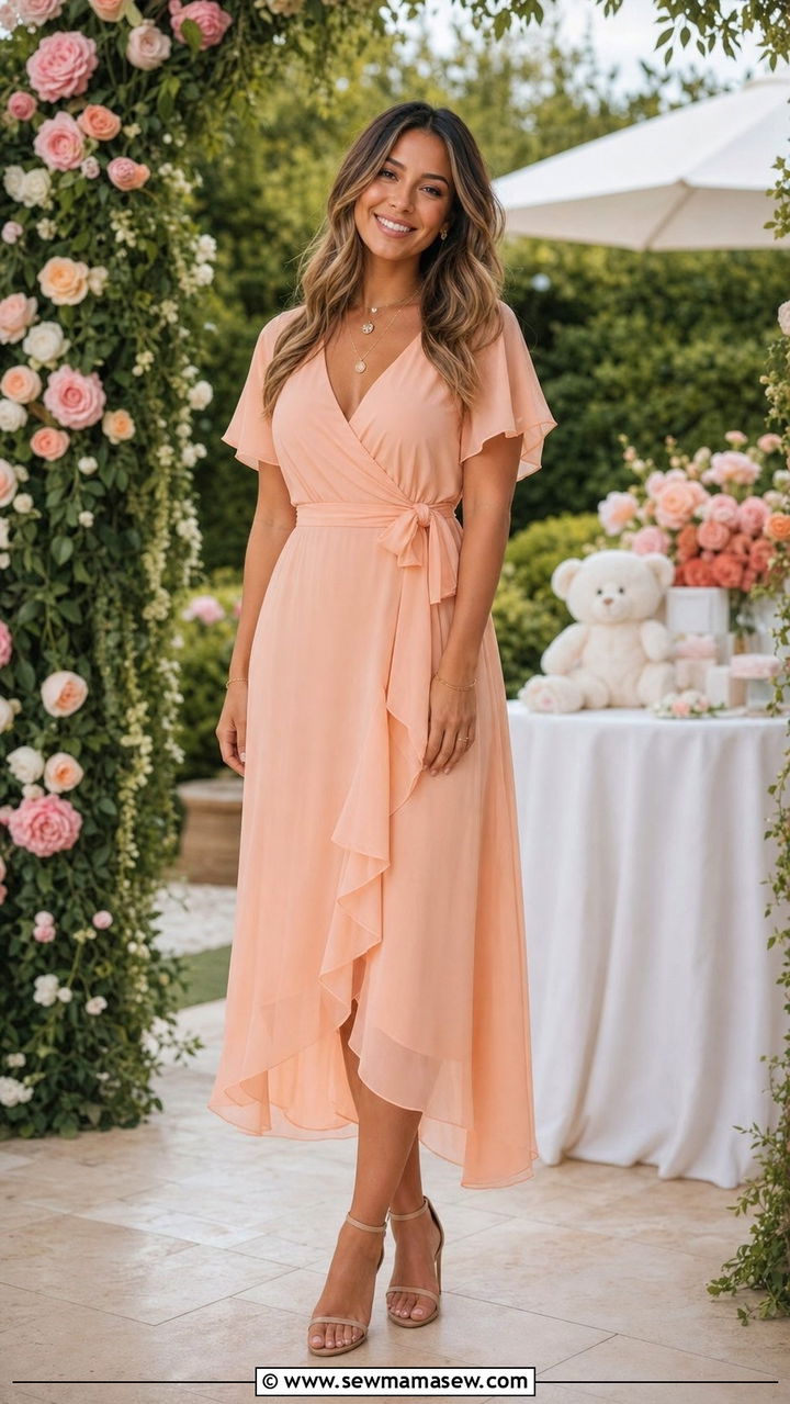 Soft Peach Chiffon Dress Garden Party Baby Shower - 35 Baby shower outfit ideas