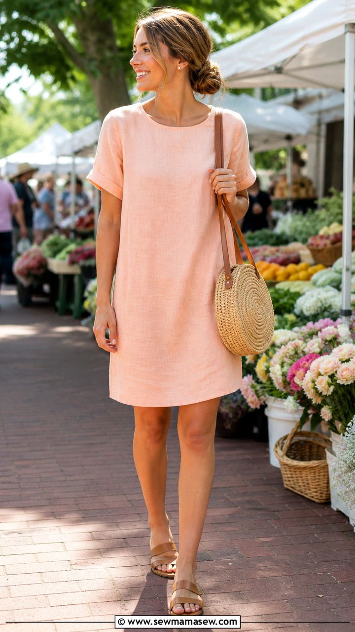 Soft Peach Linen Shift Dress Outfit - 40 summer clean girl outfits