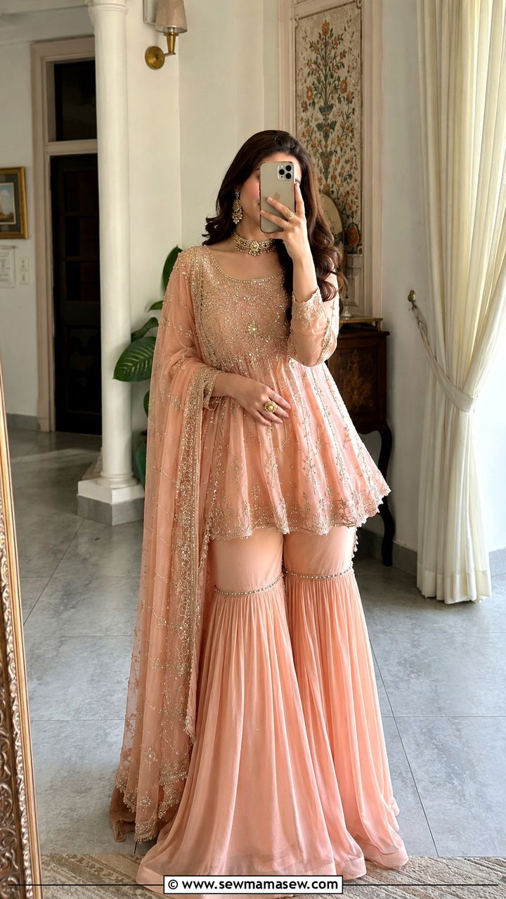 Soft Peach Peplum Top With Flared Gharara - 25 Modest outfit ideas for Walima