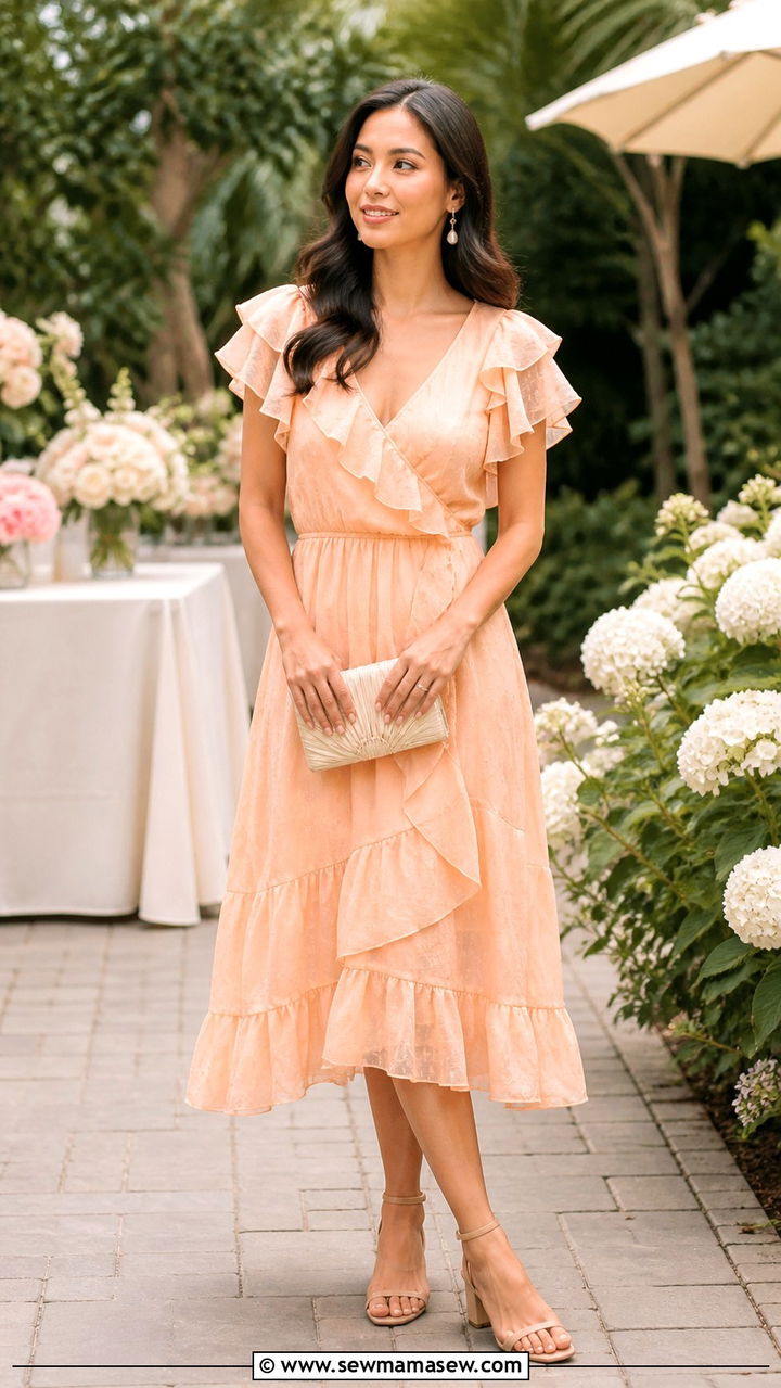 Soft Peach Ruffled Midi Dress with Nude Sandals - 40 Spring baby shower outfits