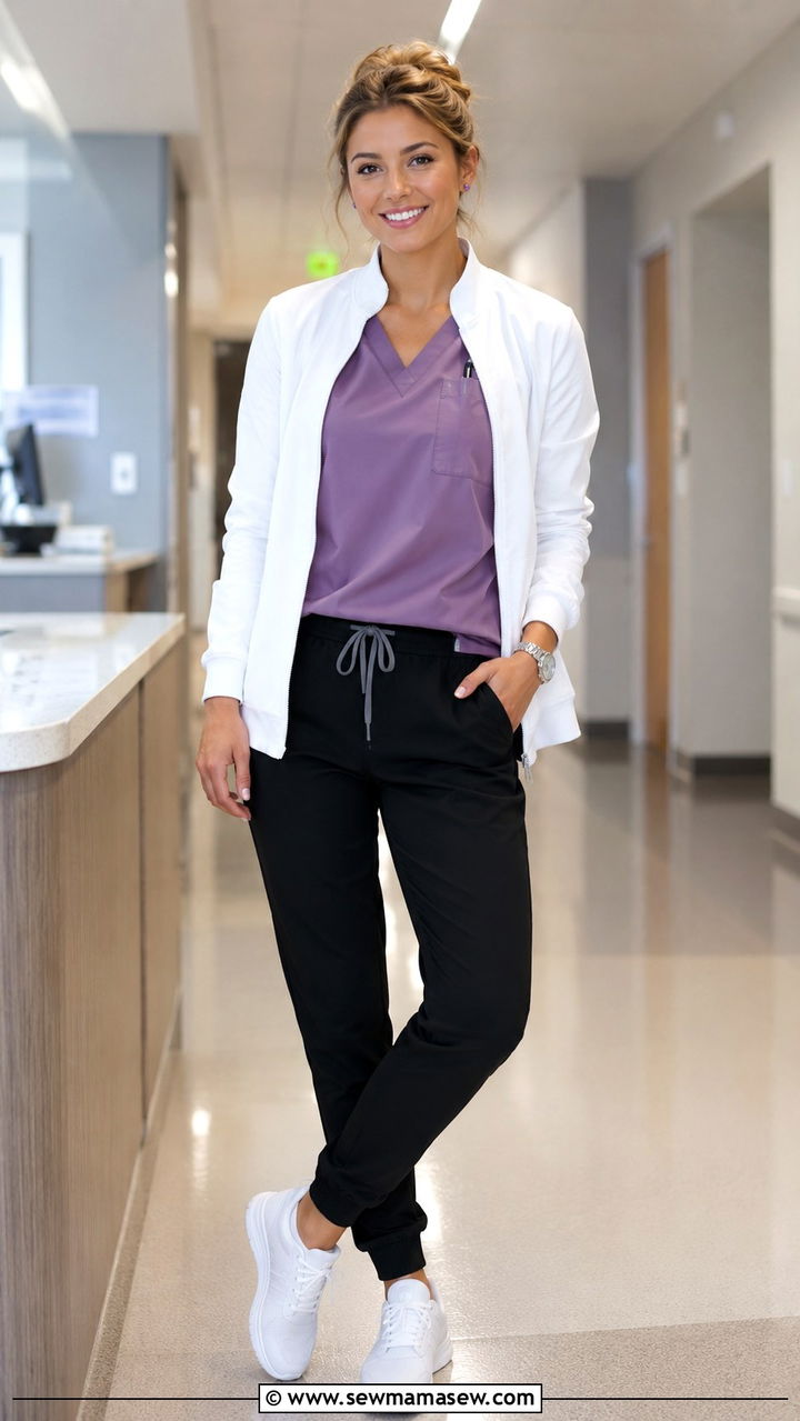 Soft Peach Scrub Top with Khaki Joggers - 30 Spring outfit ideas for nurse