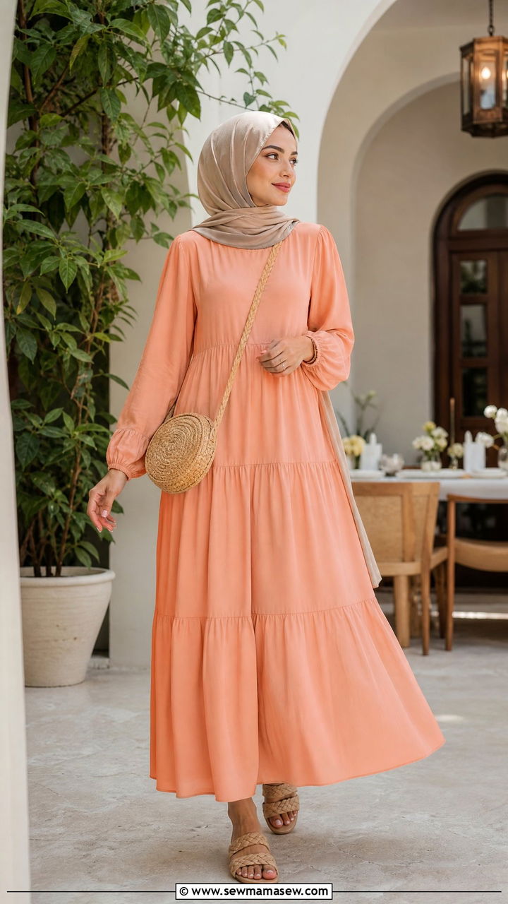 Soft Peach Tiered Maxi Dress With Sandals - 25 March Ramadan outfit ideas