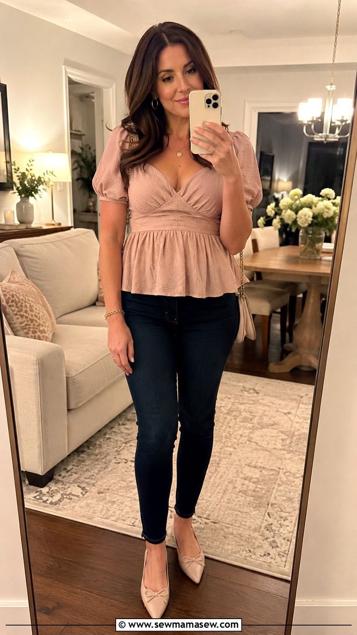 Soft Peplum Top With Dark Skinny Jeans And Ballet Flats - 30 outfit ideas for apple shaped body