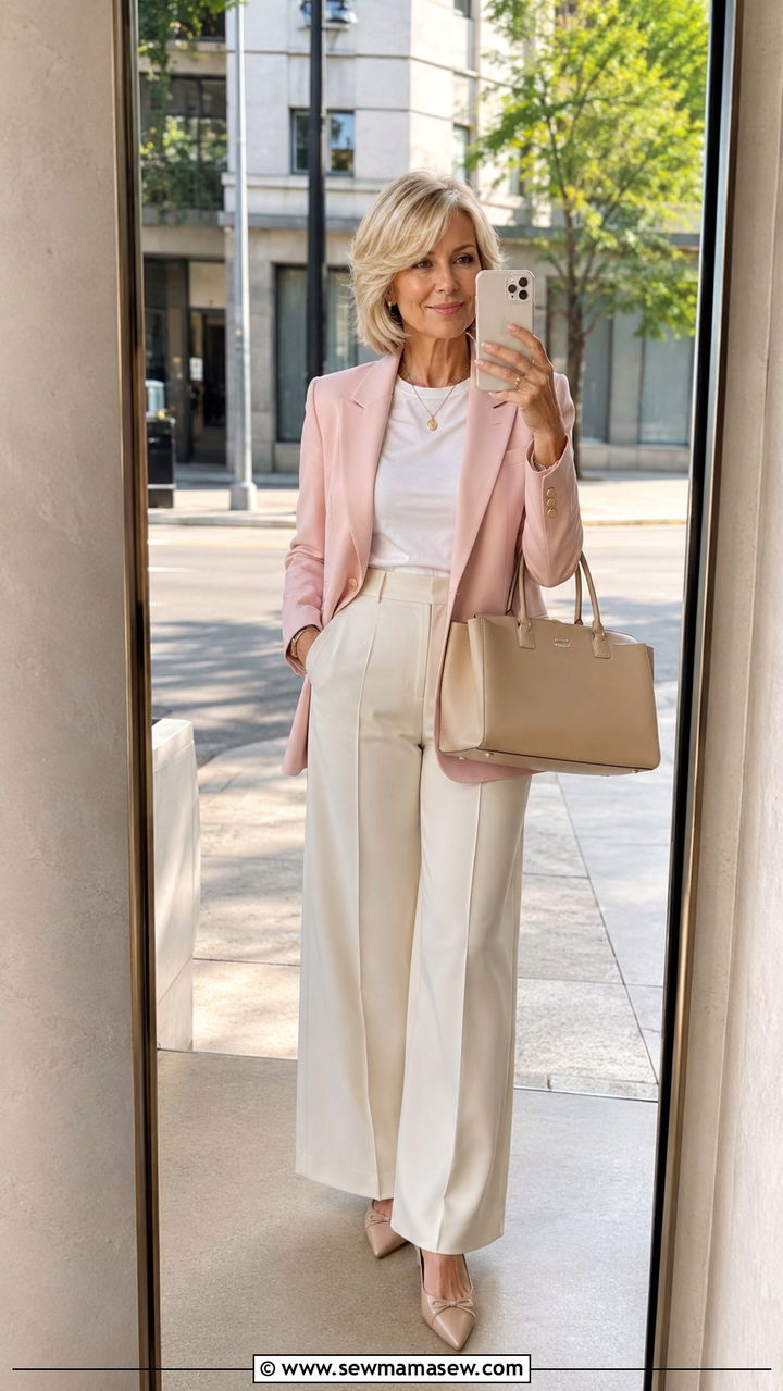 Soft Pink Blazer with White Trousers - 25 Birthday outfit ideas for women over 50