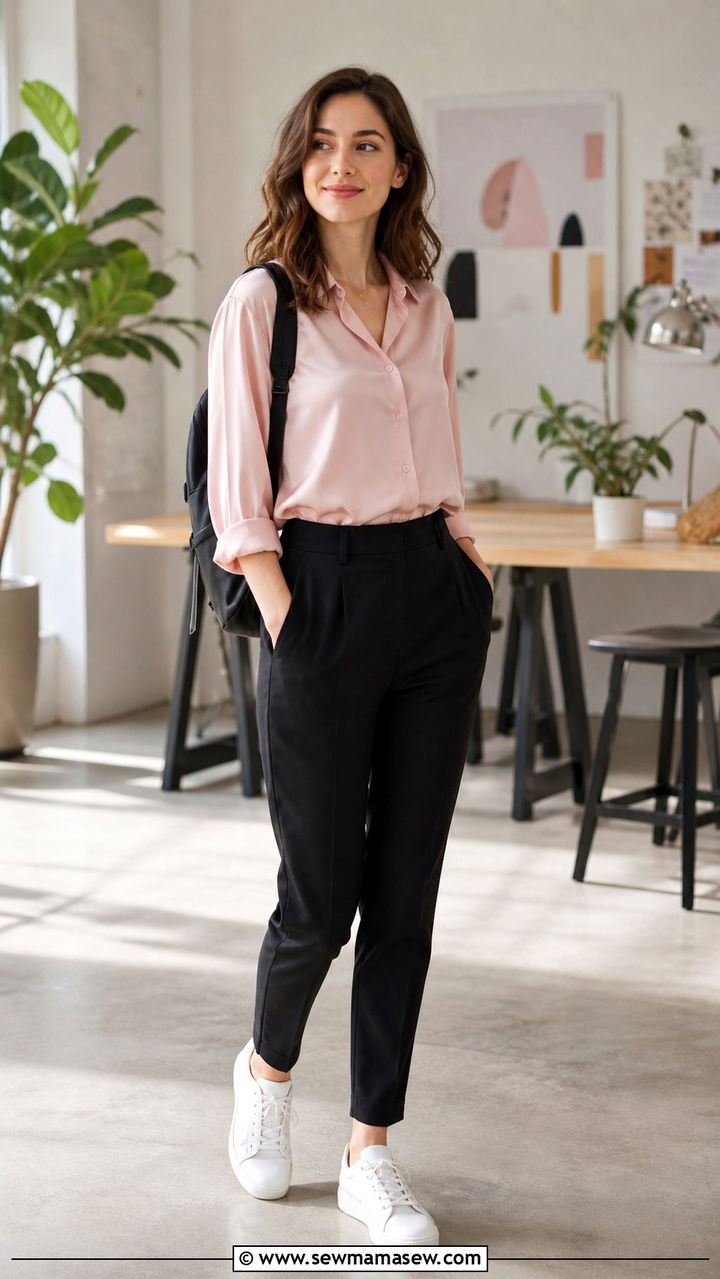 Soft Pink Blouse With Black Tapered Trousers and Sneakers - 40 First day of work outfits