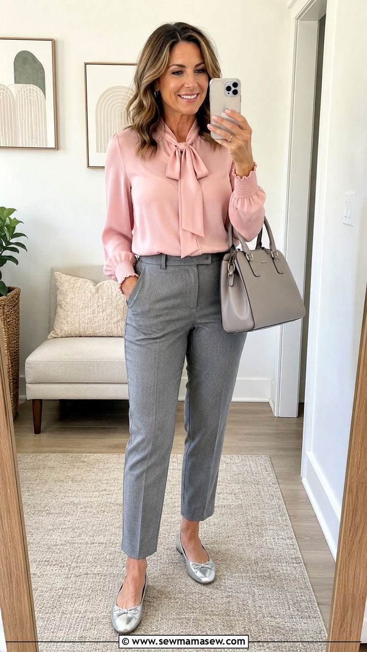 Soft Pink Blouse with Grey Tailored Pants and Silver Ballet Flats - 30 job interview outfits for women over 40