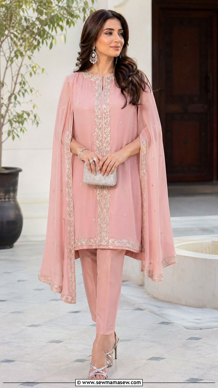 Soft Pink Cape Style Top with Cigarette Pants - 35 Eid outfit ideas for moms