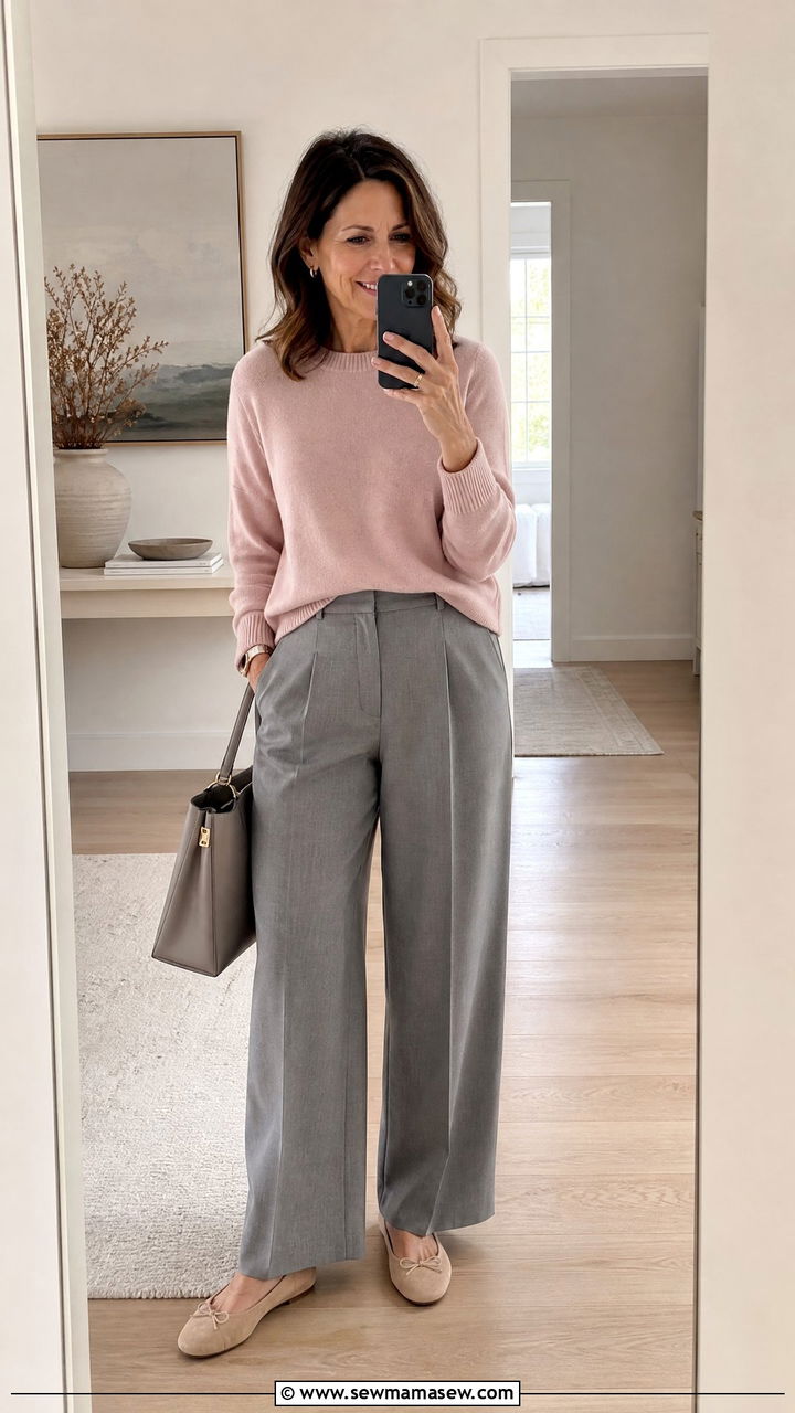 Soft Pink Cashmere With Grey Trousers - 30 clean girl outfit ideas for women over 40