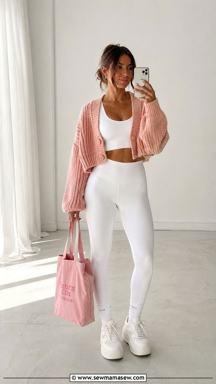 Soft Pink Knit Cardigan and White Set - 25 Pilates outfit ideas aesthetic