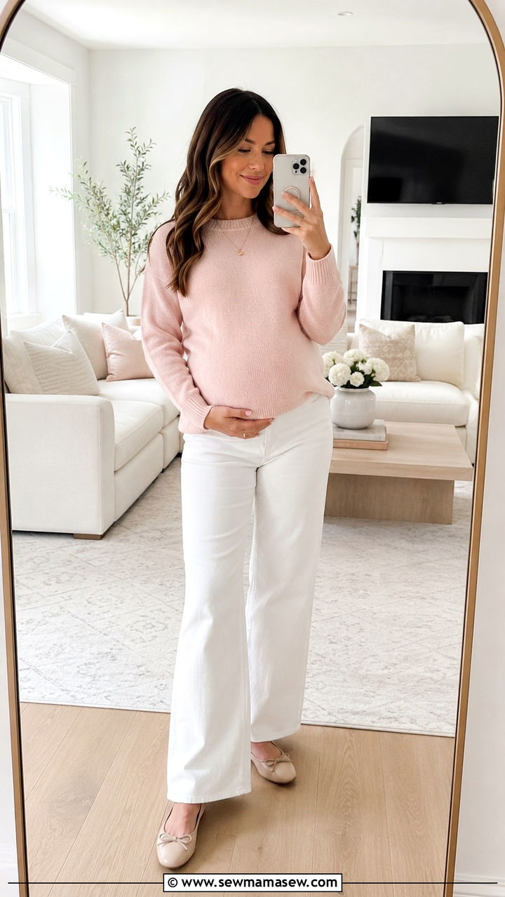 Soft Pink Knit Sweater and Crisp White Pants - 20 Maternity outfit ideas come home outfit