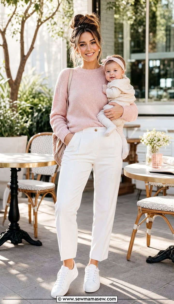 Soft Pink Knit Sweater with White Trousers - 25 classy outfits for new moms