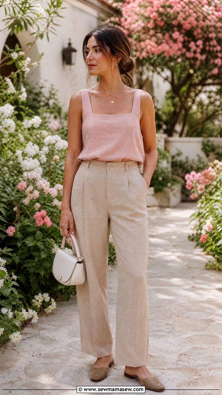 Soft Pink Linen Top And Beige Linen Trousers - 30 summer quiet luxury outfit ideas