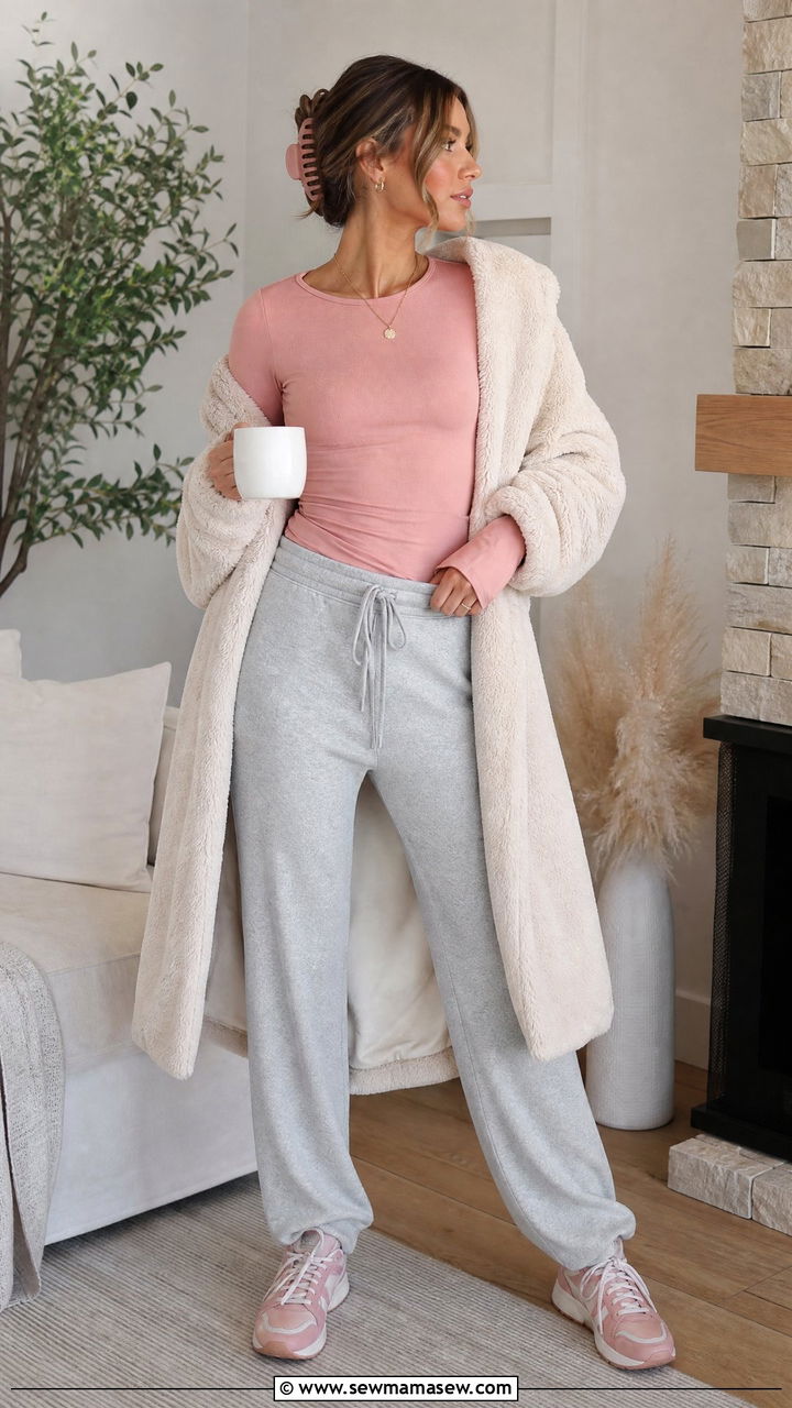 Soft Pink Long Sleeve Top and Grey Joggers Outfit - 25 classy clean girl outfit ideas