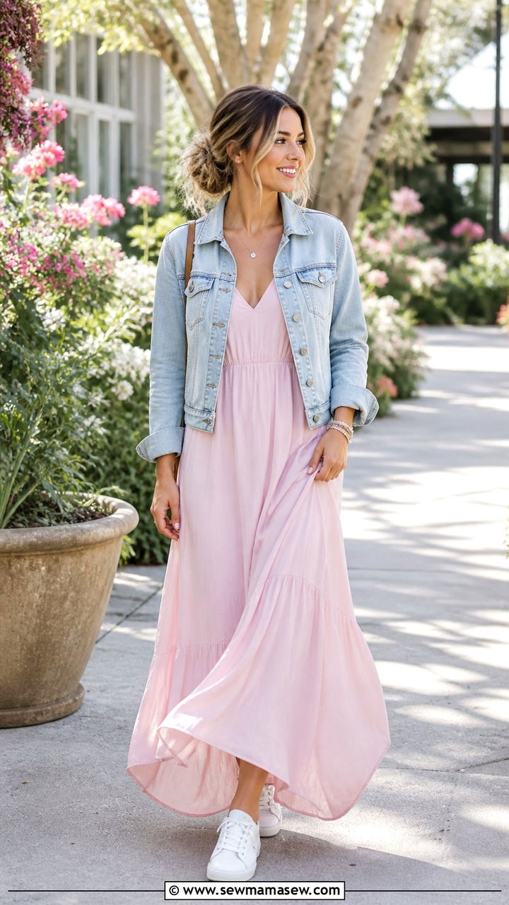 Soft Pink Maxi Dress With Denim Jacket - 40 Mother's Day outfit ideas