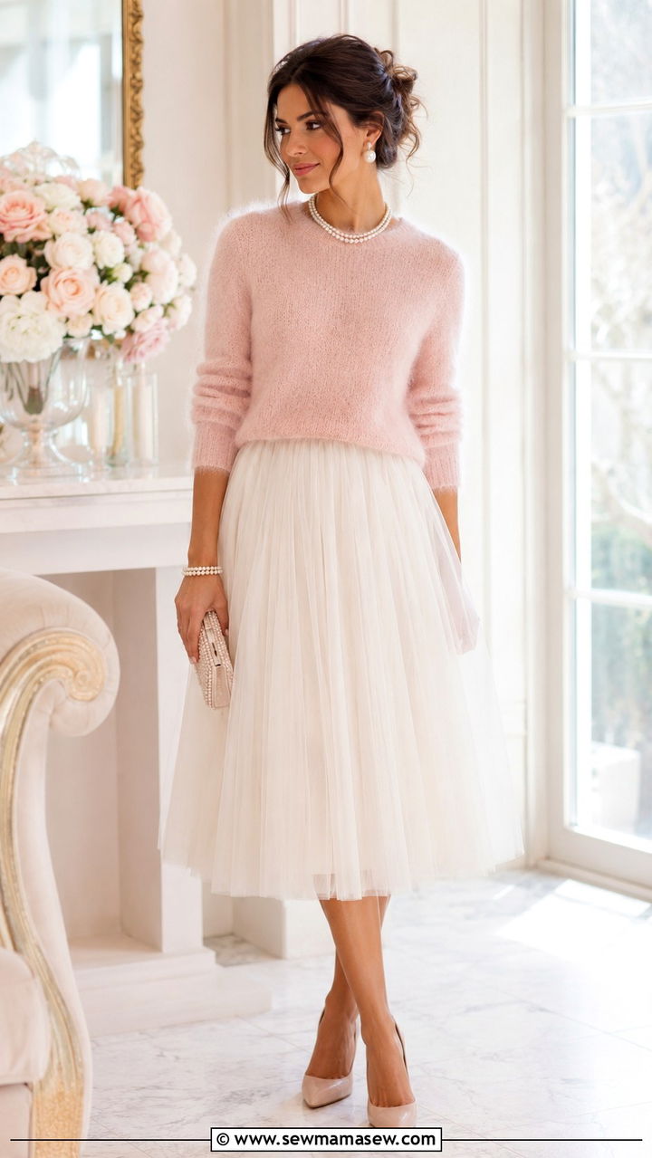 Soft Pink Mohair Sweater With Ivory Tulle Midi Skirt - 20 Tulle skirt outfit ideas with a sweater