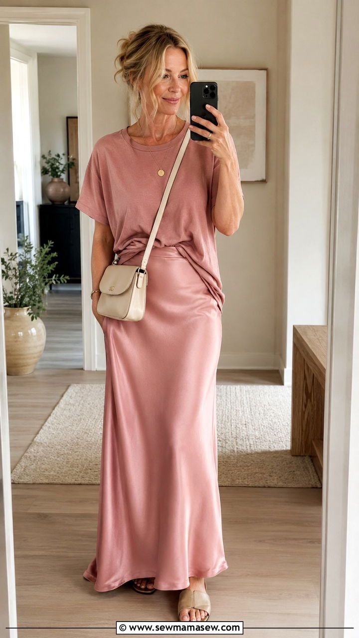 Soft Pink Monochrome Maxi Skirt and Relaxed Tee - 30 scandinavian outfit ideas for women over 40