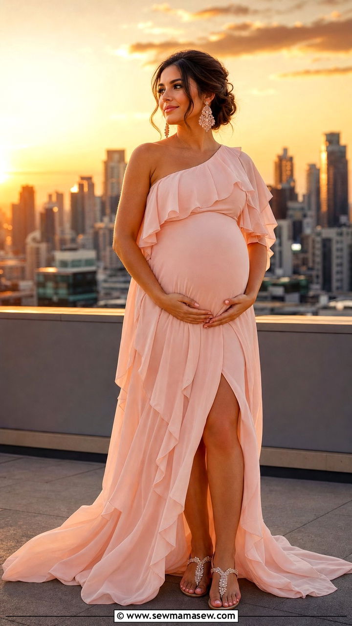 Soft Pink Ruffle Maxi Dress Maternity Photoshoot - 25 Summer maternity photo outfits